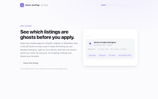 Ghost Job & Stale Listing Flag :: On-device risk badges on LinkedIn, Indeed & Glassdoor jobs. Spots reposts, stale dates, no-salary & boilerplate.