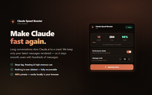 Claude Speed Booster :: Keeps Claude fast in long conversations by hiding older messages. Fix slow Claude and reduce lag instantly.