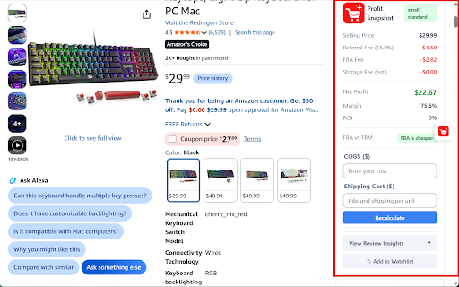 Seller Assistant - Amazon FBA Tool :: FBA profit calculator, competitor analysis, and AI review insights directly on Amazon product pages.