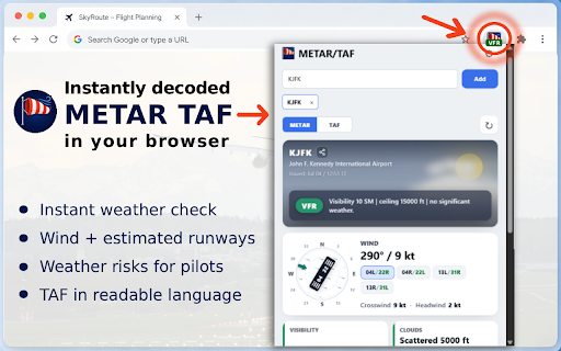 Metar Taf :: Use Metar Taf extension to decode aviation Metar and Taf and get instant weather reports for your airport