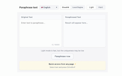 Rewrite AI - Paraphrase & Rewrite Text :: AI-powered text paraphrasing tool. Select text on any page, press Ctrl+Alt+P to rewrite instantly. Light and Hard rewriting modes.