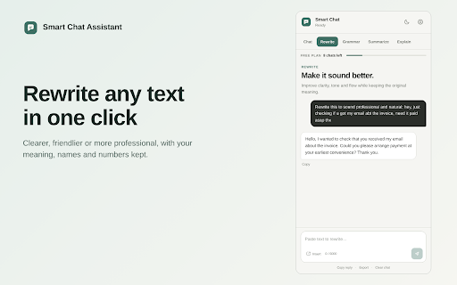 Smart Chat Assistant: AI Writing & Chat :: AI writing assistant in your side panel. Chat, rewrite, fix grammar, summarize and explain text without leaving the page.