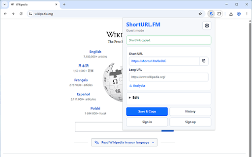 URL Shortener :: Shorten the current page with ShortURL.FM and copy it instantly.
