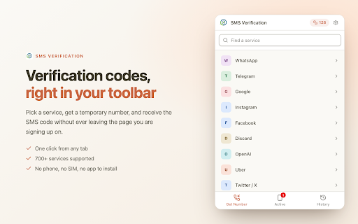 SMS Verification: Temporary Phone Number & OTP Receiver :: Get temporary phone numbers and receive SMS verification codes right from your toolbar. 700+ services, 190+ countries.