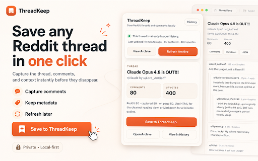 ThreadKeep for Reddit :: Capture Reddit threads, save them to history, and export them as HTML, Markdown, or JSON.