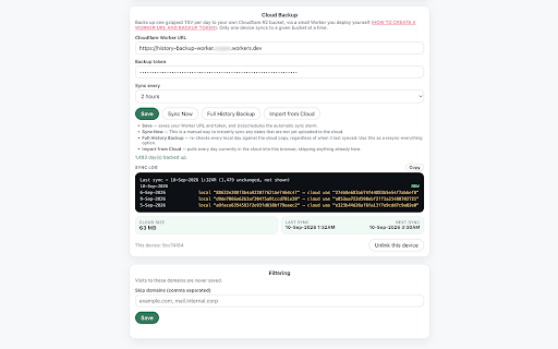 Save Full History(>90 days) + Cloud Backup(Cloudflare R2) :: Browse and search your full browsing history, with no 90-day limit, and back it up to your own Cloudflare R2 bucket.