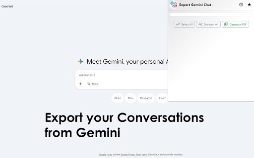 Export Gemini Chat :: Export Gemini discussions to PDF format, including specific questions and answers.