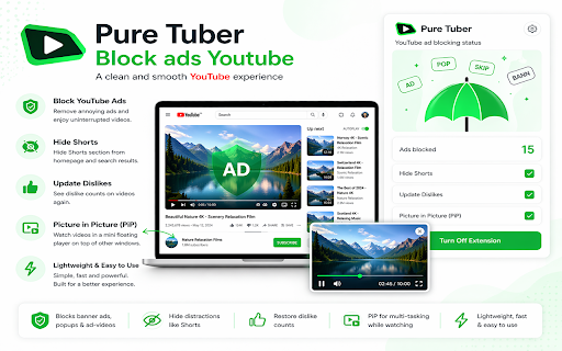 Pure Tuber - Block ads Youtube :: Block and skip YouTube ads using MV3 rules and player automation.