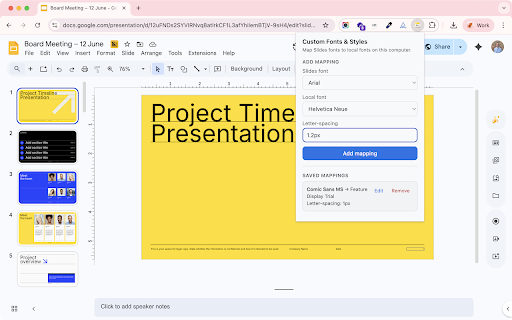 Custom Fonts & Styles for Google Slides :: Map Google Slides fonts to local fonts and adjust letter-spacing.