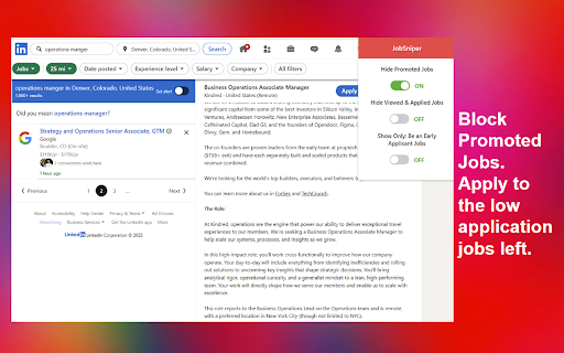 Job Sniper: LinkedIn Job Filters - Hide Promoted & Viewed Jobs :: Jobs Sniper adds 3 filters to LinkedIn job search, hide promoted jobs, hide viewed jobs, and see only “be an early applicant.”
