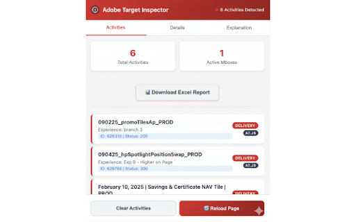 Adobe Target Activity Inspector :: Detect and understand Adobe Target activities (at.js & Alloy.js) with real activity names and response tokens.