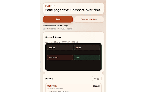 PageDiff :: Save page text, compare later, and show what changed.
