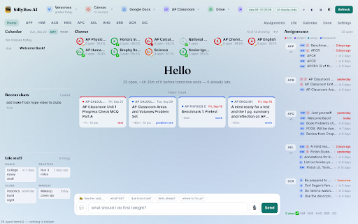 SillyBus AI :: Your homework, grades and schedule, read from Canvas and your teachers' docs inside the Chrome you already use.