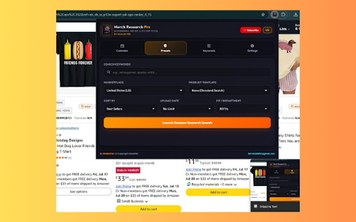 Merch Research Pro :: Supercharge your Merch by Amazon research with auto-sorting, calendar niche triggers, custom filters, BSR display