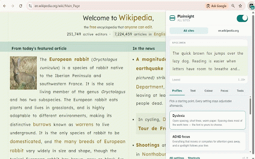 Plainsight: Dyslexia Font, Reading Ruler, Colour Overlay & Dark Mode :: Make any site easier to read: dyslexia fonts, spacing, colour overlays, reading rulers, dark mode, read aloud. Free, no account.