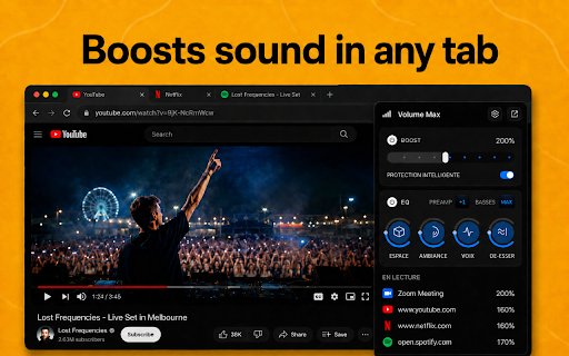 Volume Booster 1000% - Sound Booster & Bass Boost :: Boost browser volume up to 1000% without distortion. Includes smart protection, clean loudness control, and stereo width.