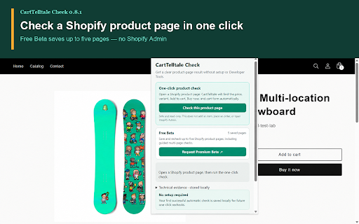 CartTelltale Check – Shopify Change Detector :: Run a one-click Shopify product-page readiness check and recheck saved storefront elements after updates.