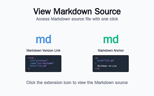 View Markdown Source :: This Chrome extension allows you to view webpage content in Markdown when a Markdown version is available.
Click the extension…