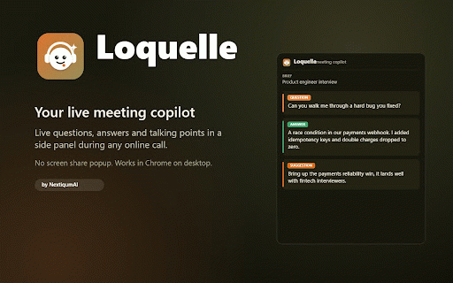Loquelle: Live Meeting Assistant by NextiqumAI :: Live questions, answers and talking points during any online call, shown in a side panel. Uses your NextiqumAI account.