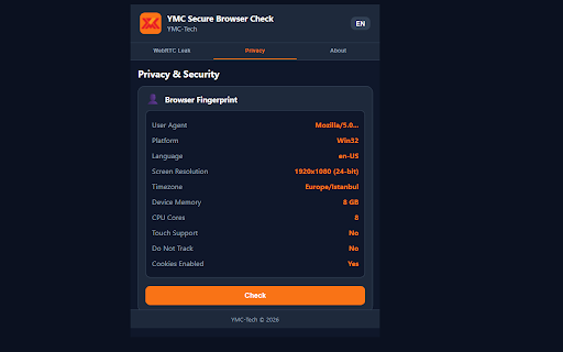 YMC Secure Browser Check :: WebRTC leak test, browser fingerprint, security headers, cookie security. Check your browser privacy. By YMC-Tech.
