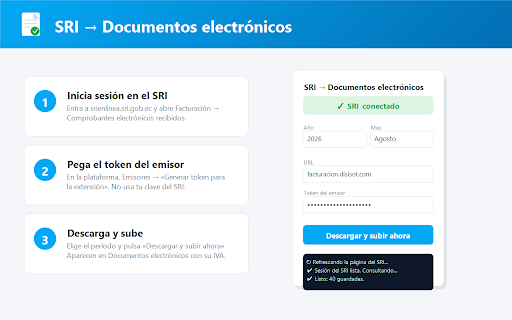 SRI → Documentos electrónicos :: Descarga los comprobantes recibidos del SRI y los sube a tu módulo de Documentos electrónicos. Automático cada hora.