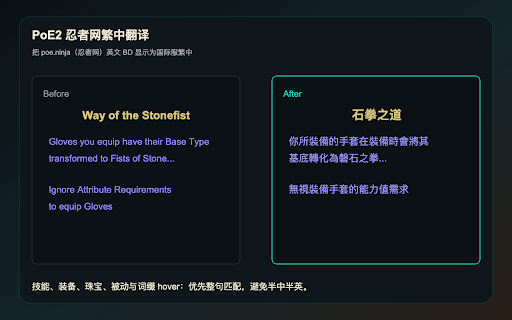 PoE2 忍者网繁中翻译 :: 把 poe.ninja(忍者网)与官方市集的流放之路2英文技能、装备、被动、词缀与 hover 内容离线显示为国际服繁中,并支持 .build 自定义名称。