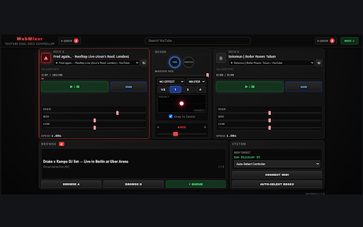 WebMixer :: Control two YouTube tabs with any standard hardware DJ controller.