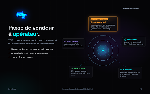 Volt :: Assistant de vente pour Vinted : reposts, messages auto, templates, stats, bordereaux. Non affilié à Vinted.