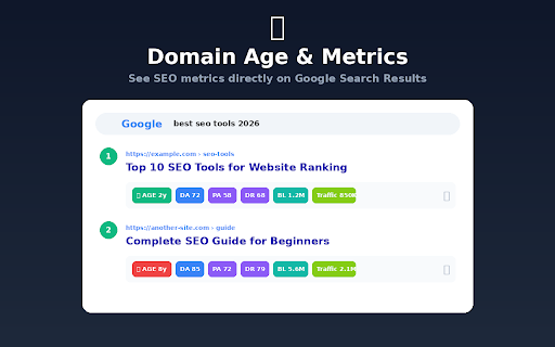 Domain Age & Metrics - Keyword Cobra :: Shows domain age (FREE) and DA/PA/DR metrics (PRO) on Google search results. Powered by Keyword Cobra.