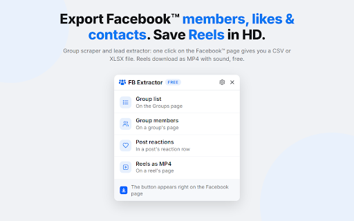 FB Extractor — Export Facebook Members & Groups :: Facebook™ group scraper & lead extractor. Export members, reactions & contact info to CSV/XLSX. Download HD Reels as MP4 with sound.