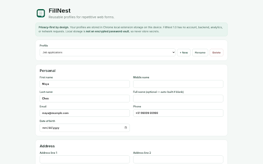 FillNest — Private Form Autofill :: Fill repetitive web forms from reusable local profiles. No account, no server, no automatic submission.