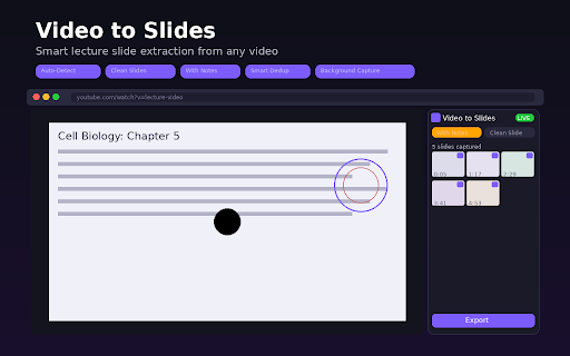 Video to Slides :: Smart lecture slide extraction from any video. Auto-detects slide changes and captures HD slides from any website.