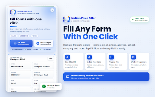 Indian Fake Filler :: Fill any form with one click — realistic Indian test data for names, phones, addresses, IDs and more.