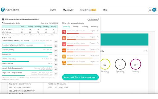 PTE Sub-skill by APEUni :: Install the extension and open your PTE score report webpage to instantly view all sub-scores!