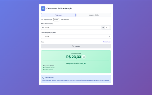 Calculadora de Precificação - SENS :: Calculadora para definir preço de venda considerando custos e margens