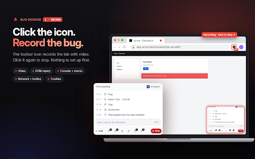 Bug Dossier :: Record a bug — session activity, console, network, and picked elements — then review and file it.