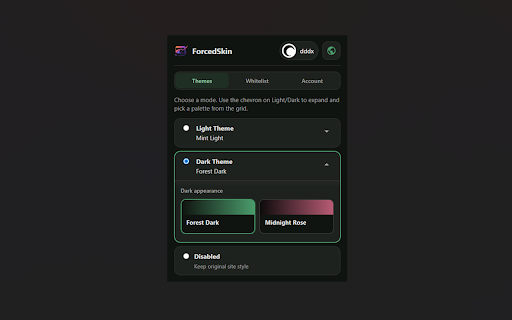 ForcedSkin – Dark Mode & Custom Website Themes :: Apply dark mode, light mode, or custom color themes to any website. Recolor backgrounds, text, links, borders, and forms.