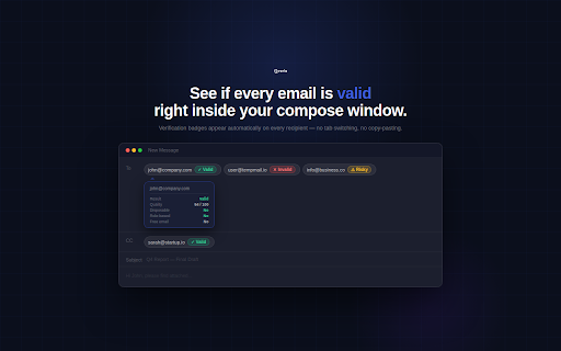 Qverio Email Verifier :: Instantly verify email addresses in your compose window. See validity, quality score, and risk signals before you send.