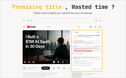 YTBait - YouTube Clickbait & AI Slop Detector :: Free YouTube clickbait detector: get an AI clickbait score and AI slop score on any video before you watch.