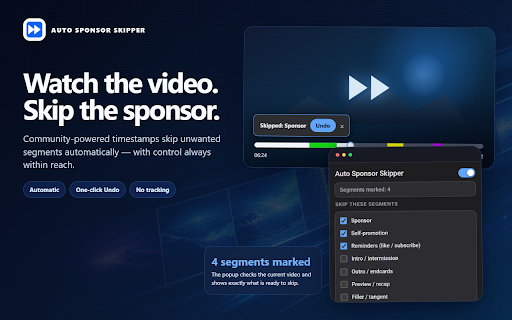 Auto Sponsor Skipper :: Automatically skips sponsor, self-promotion, and reminder segments on YouTube using SponsorBlock community data. No tracking.