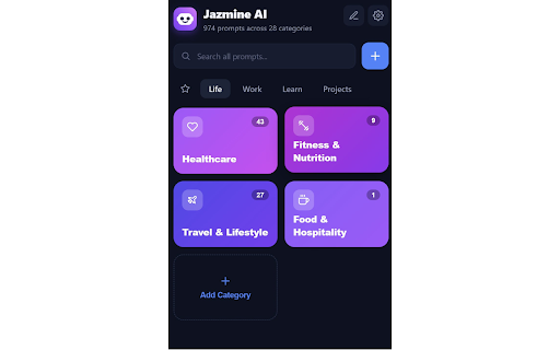 Jazmine AI :: Your personal AI prompt library. Organize prompts into colorful categories, favorite, track usage, and reuse them anywhere.