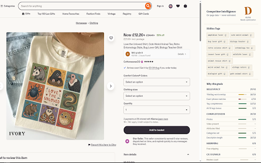 Etsy Tag Spy — Reveal Competitor Tags & Boost Your Etsy SEO :: View any Etsy listing's hidden 13 SEO tags and SEO ranking signals. Get a scorecard showing how well-optimized the listing is.