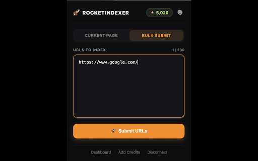RocketIndexer :: Submit URLs for Google indexing directly from your browser. Bulk submit up to 200 URLs at once.