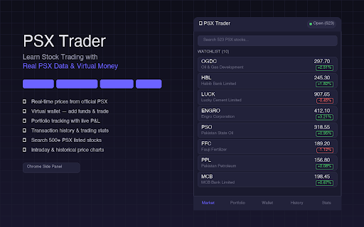 PSX Trader :: Learn stock trading with real Pakistan Stock Exchange data and virtual money. Buy, sell, track portfolio — all with zero risk.