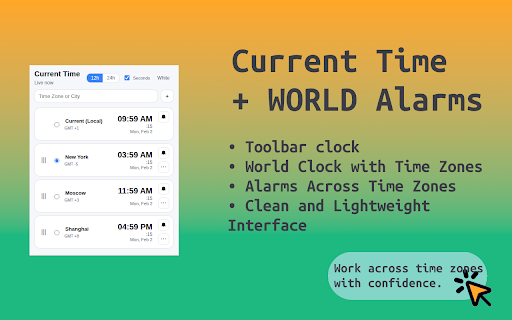 Current Time :: The Current Time in your browser toolbar - time is always visible, timeis style. World clock, current UTC time, and alarms included.