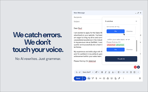 Grammar Checker: No AI Rewrites :: Catch spelling, grammar, and punctuation errors in one click - without AI rewriting your sentences.