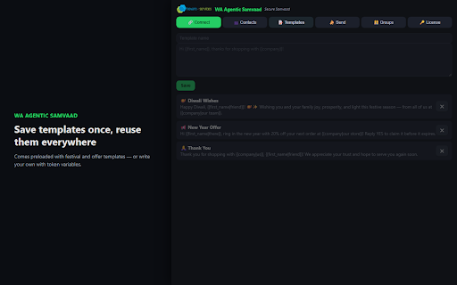 WA Agentic Samvaad :: Secure Samvaad by Inovare Services — WhatsApp bulk messaging via your own open WhatsApp Web tab. No cloud API required.