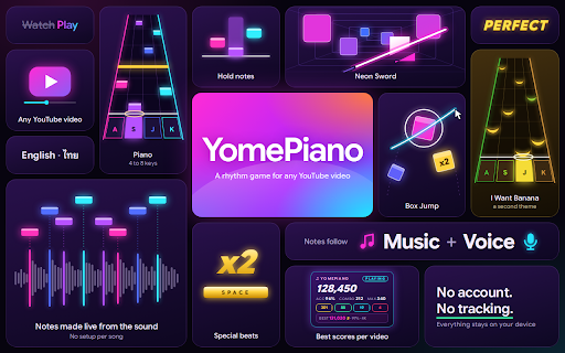YomePiano :: YomePiano: a rhythm game for any YouTube video. Play notes on a neon 3D piano, swing a Neon Sword or cut boxes in Box Jump