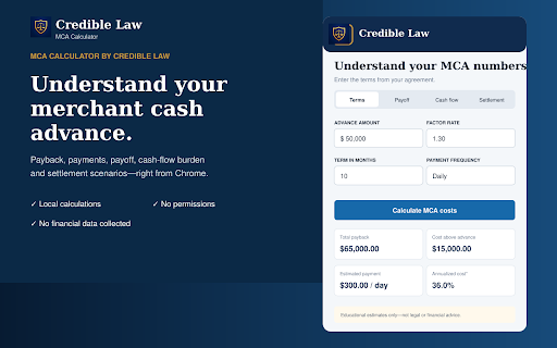 Merchant Cash Advance Calculator by Credible Law :: Calculate MCA payback, estimated APR, daily or weekly payments, payoff, revenue holdback, stacking burden, and settlement scenarios.