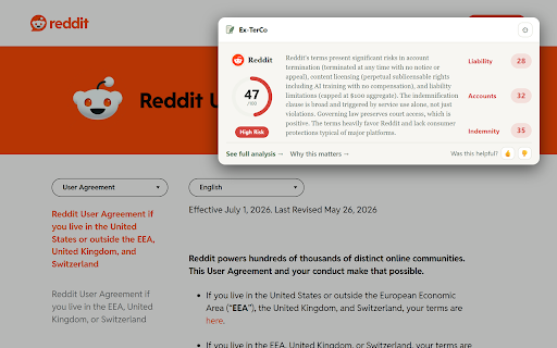 Ex-TerCo: Terms & Conditions Risk Check :: A 0 to 100 risk score for any Terms & Conditions, plus the three clauses that treat you worst, before you click I Agree.